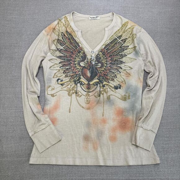 Y2K Long Sleeve Grunge Henley Shirt w/ Winged Heart Feathers Small Graphic tee - Picture 1 of 5